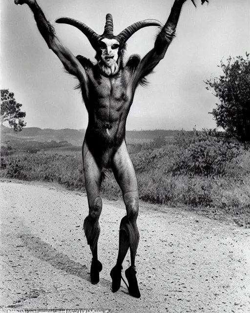 Prompt: actor Roddy McDowell in Elaborate Pan Satyr Goat Man Makeup and prosthetics designed by Rick Baker, Hyperreal, He has goat man legs, cloven feet and horns, He is holding a Pan Flute, he is wearing cargo pants, photos in the style of Annie Leibovitz