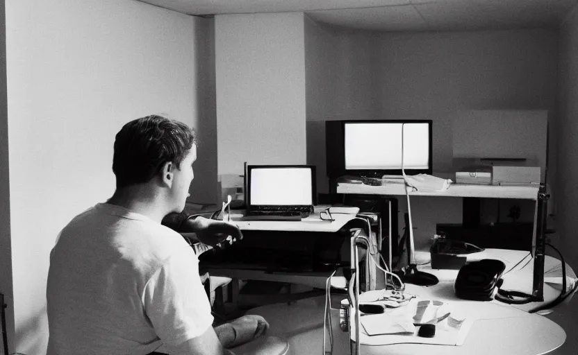 Prompt: man sitting facing away, working in low lit radio booth, one single lamp, colour video, keyboard, door to lab, sweaty, tannoy, strange