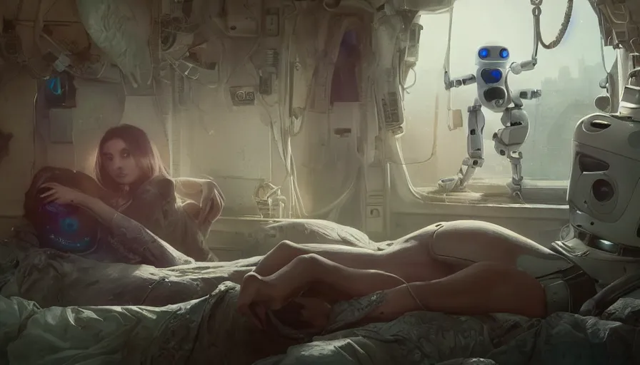 Prompt: intimacy, highly detailed surreal vfx portrait of a robot android, ana de armas, madison beer, stephen bliss, unreal engine, greg rutkowski, loish, rhads, beeple, makoto shinkai and lois van baarle, ilya kuvshinov, rossdraws, tom bagshaw, global illumination, detailed and intricate environment