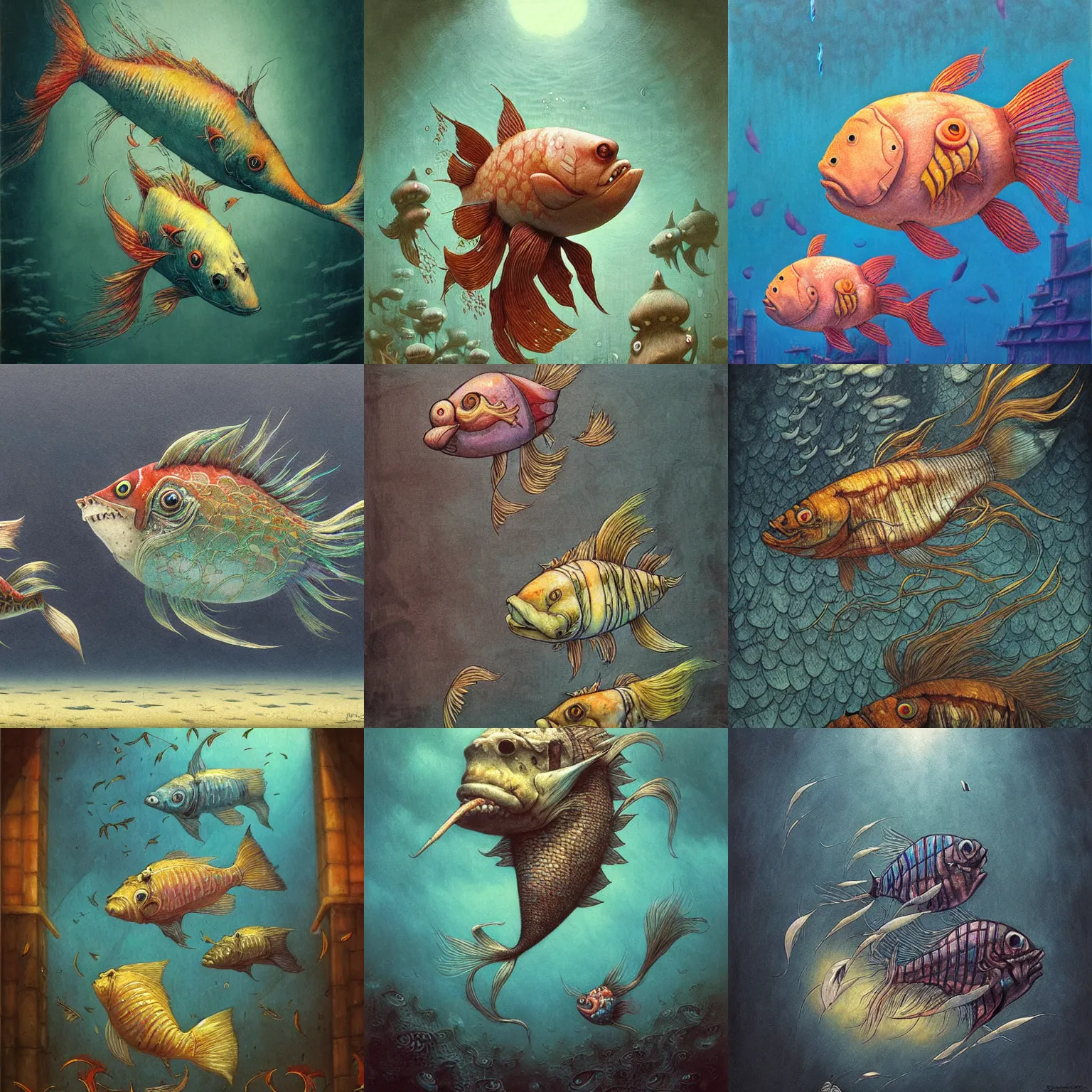 Prompt: fantastic mythical fish swimming around by shaun tan, vibrant and colorful, style john kenn mortensen yoshitaka amano