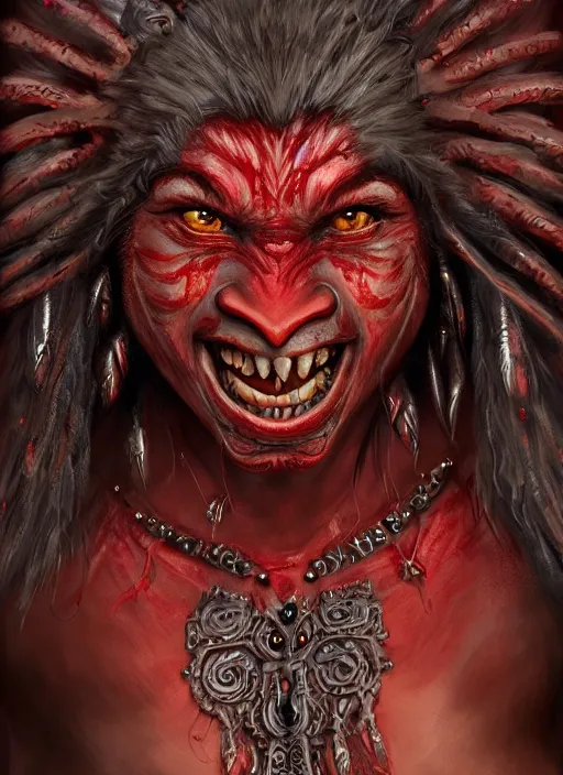 Image similar to red skin, orc, smiling, beautiful detailed eyes, cute, fantasy, intricate, elegant, highly detailed, digital painting, 4k, HDR, concept art, detailed jewelry, smooth, sharp focus, illustration, by Wayne Reynolds