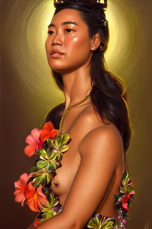 Prompt: body portrait of hawaiian queen wearing a lea, by terry o'neill intricate, elegant, highly detailed, digital painting, glistening skin, artstation, concept art, smooth, sharp focus, contrasting lighting, bright colors, dark background, illustration, art by artgerm and greg rutkowski and alphonse mucha, 8 k