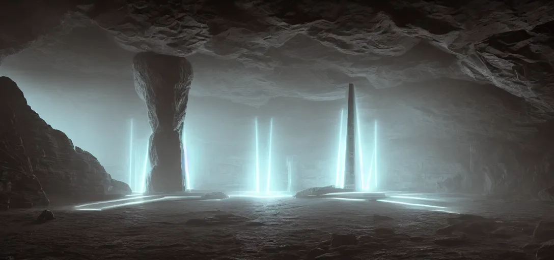 Prompt: dramatic photo of underground ancient stone alien interior, ambient occlusion, glowing straight neon lines on the floor, large glowing obelisk at the end of the room, giant looming statue, raytracing, unreal engine, dramatic lighting, detailed,, global illumination, god rays, 3 d artstation by greg rutowski and jessica rossier