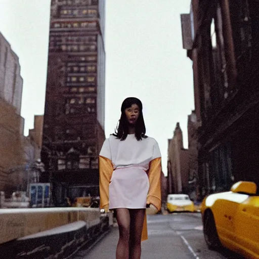 Image similar to realistic photoshoot for a new balenciaga lookbook, color film photography, portrait of a beautiful person, in style of Campbell Addy, location in new york, 35mm