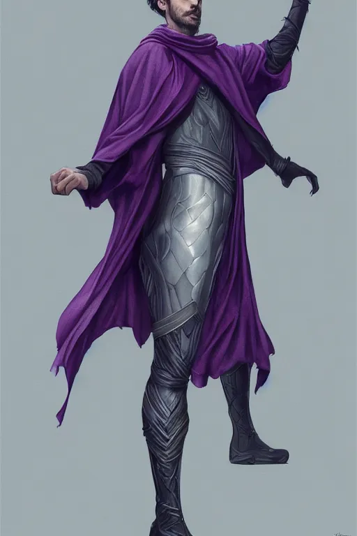 Prompt: Full portrait of Electromancer , male, gorgeous, beautiful face, dark purple garments, grey robes, silver bracelets, transparent cloak from neck to ankles, pin-up, highly detailed, detailed face, smooth, sharp focus, digital painting, illustration, by by Albert Aublet, Krenz Cushart, WLOP and Sakimichan, artstation, chiaroscuro