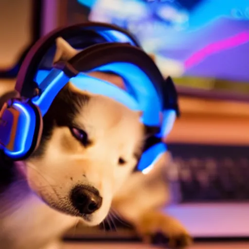 Prompt: shiba inu wearing a gaming headset, playing on computer with screen glowing on face, digital art