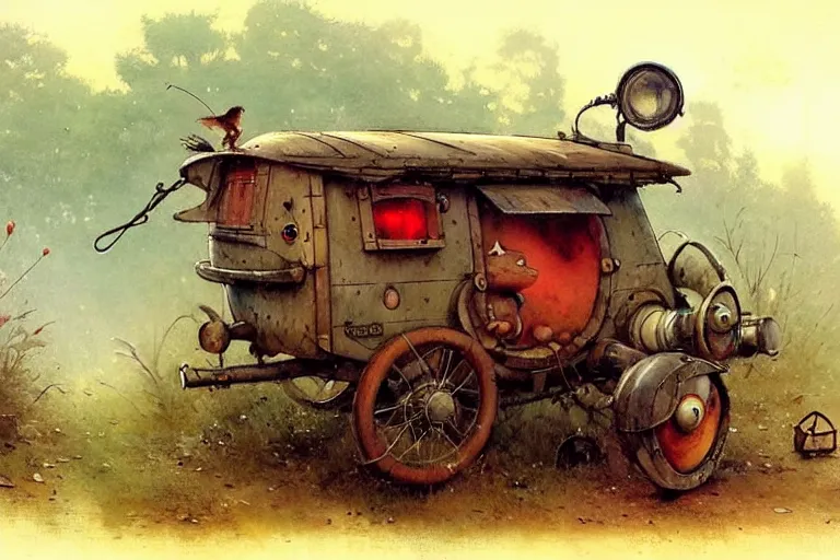 Image similar to adventurer ( ( ( ( ( 1 9 5 0 s retro future robot android fat rat house wagon woods scene. muted colors. ) ) ) ) ) by jean baptiste monge!!!!!!!!!!!!!!!!!!!!!!!!! chrome red