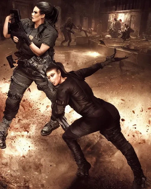 Prompt: A photo still of kim kardashian being tackled to the ground by zombies in resident evil, highly detailed, artstation, concept art, sharp focus, illustration, cinematic lighting, wide-shot.