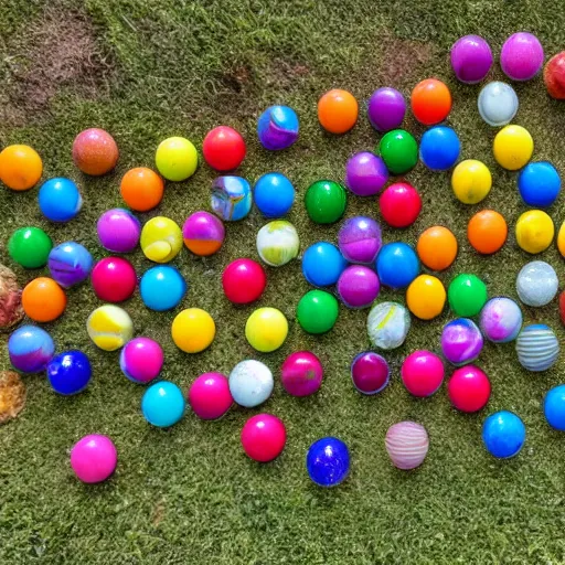 Prompt: a field filled with different colored marbles all together, natural lighting on a sunny day, wide angle photography, 4 k,