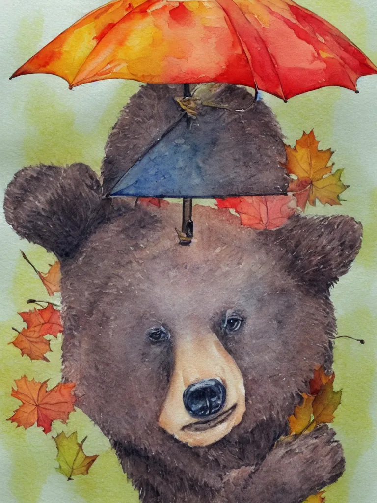 Image similar to autumn a bear with an umbrella watercolor by arti chauhan trending on artstation