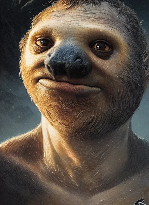 Image similar to highly detailed portrait of sloth from the goonies, realistic, cinematic adventure, fantasy art by greg rutkowski, stanley artgerm, loish, rhads, tom bagshaw, global illumination, radiant light, detailed and intricate environment