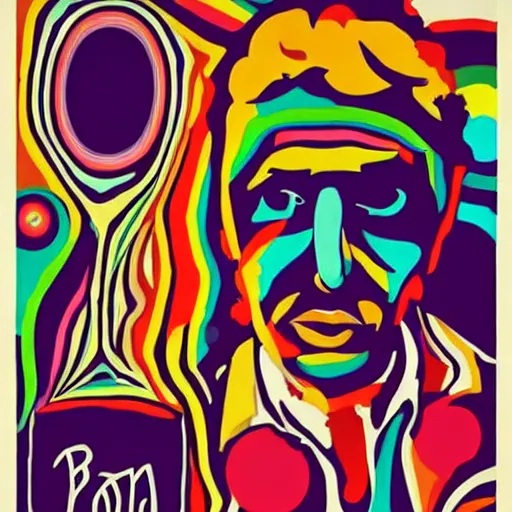 Prompt: psychedelic poster design of bob dylan by paul rand