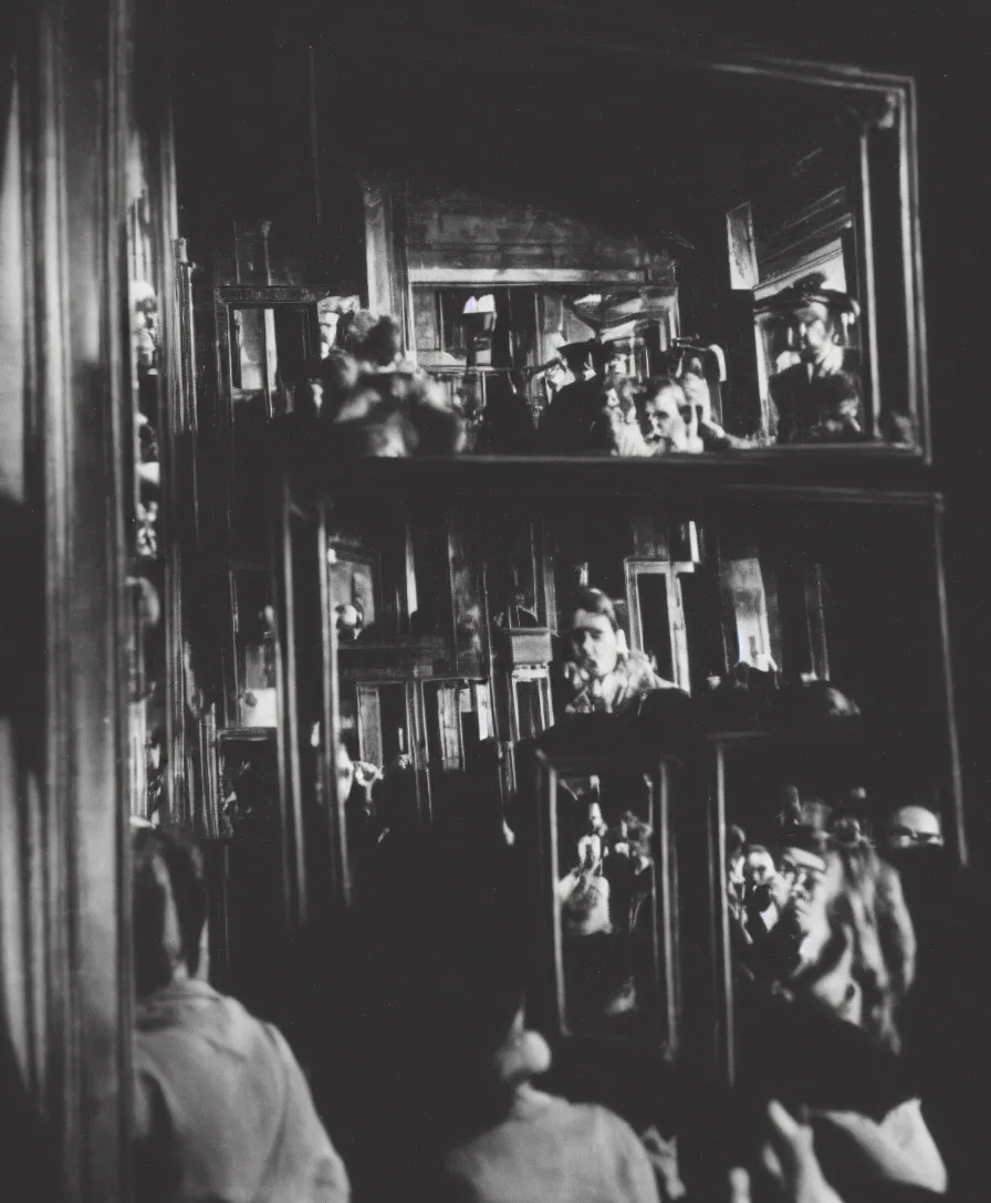 Prompt: vintage photo of an old theater, silhoutte observers watching themselves through a giant mirror reflection on stage, 4k, highly detailed, black and white photography, frontal perspective