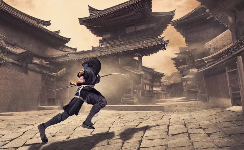 Image similar to highly detailed, high contrast digital illustration of ninja shinobi running parkour, in the in old, japanese village from sengoku period, cinematic lighting, raytracing, volumetric lighting