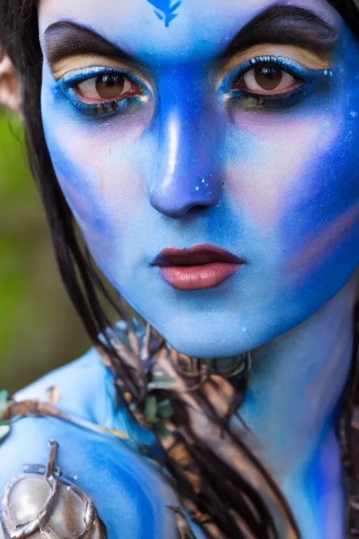 Image similar to a romanian woman dressed as a blue-skinned female navi from avatar standing in a forest, blue body paint, high resolution film still, 8k, HDR colors, cosplay, outdoor lighting, high resolution photograph, photo by bruce weber, beautiful symmetric face, beautiful gazing eyes