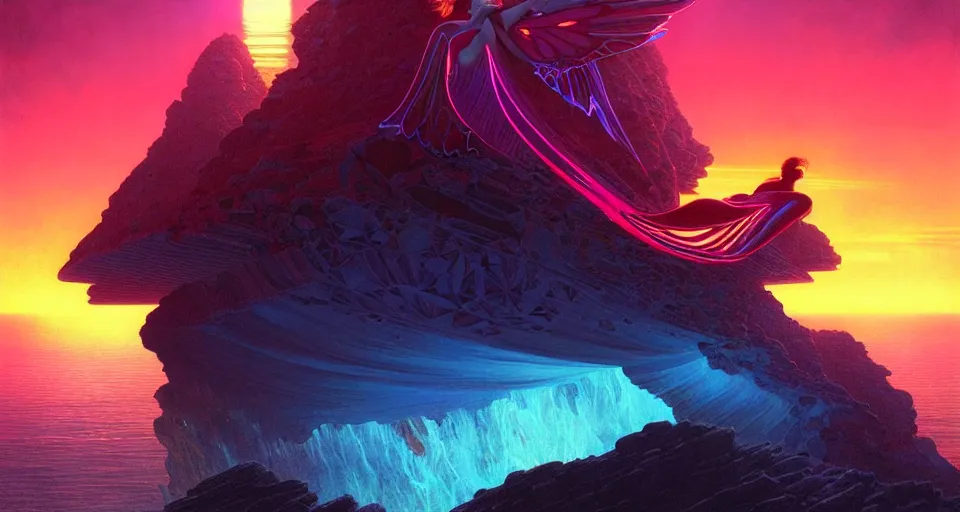 Image similar to psychedelic tron wings in front mind bending sunset, cliffside ocean scene, backlit, aesthetic, elegant, diffuse lighting, hyper realistic, elegant, intricate, hyper detailed, smooth, sharp focus, concept art, illustration, trending on artstation, art by artem demura, greg rutkowski, james gurney, and alphonse mucha