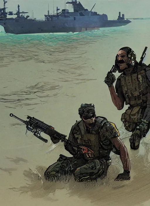 Prompt: Hector. USN blackops operator emerging from water at the shoreline. Agent wearing Futuristic stealth suit and looking at an abandoned shipyard. rb6s, MGS, and splinter cell Concept art by James Gurney, Alphonso Mucha. Vivid color scheme.