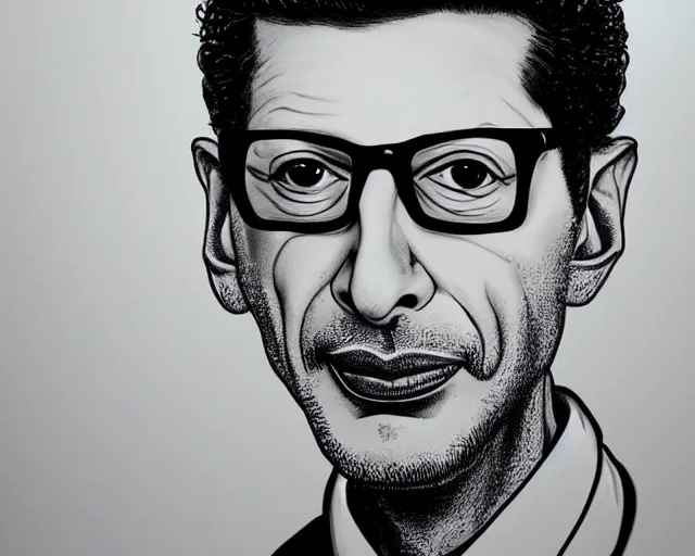 Prompt: a caricature art portrait of jeff goldblum, in the style of sebastian kruger, high def, detailed, art, fine art, sharp focus, highly detailed