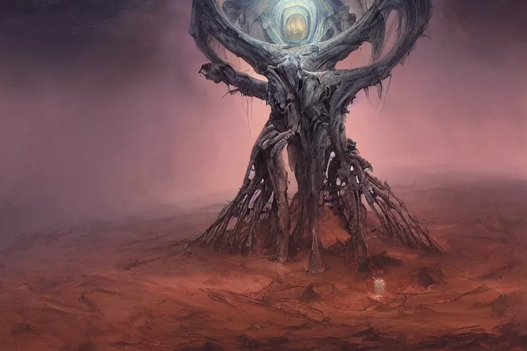 Prompt: prophecy, amazing concept painting by Jessica Rossier and HR giger and Beksinski, the middle of a valley; it was full of bones, bones that were very dry, there was a noise, a rattling sound, and the bones came together, bone to bone , I looked, and tendons and flesh appeared on them and skin covered them, but there was no breath in them and breath entered them, they came to life and stood up on their feet a vast army