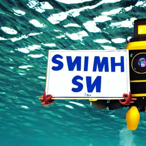 Prompt: artificial intelligence robot holding a sign with text that swim : dream