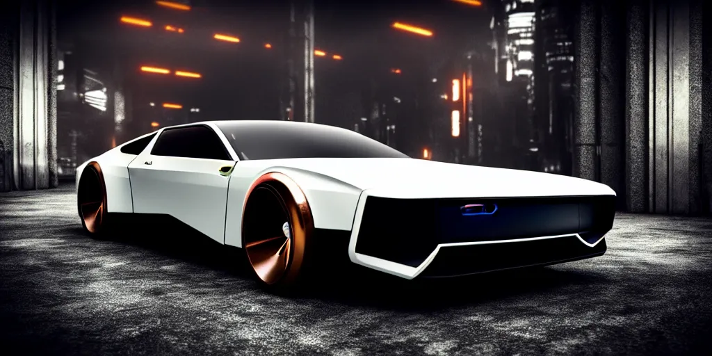 Image similar to a design of a futuristic DMC Delorian, designed by Polestar, blade runner background, stained antique copper car paint, white wheel rims, black windows, sportscar, dark show room, dramatic lighting, hyper realistic render, depth of field