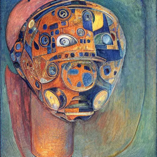 Image similar to the robot in her floral mask, by Annie Swynnerton and Diego Rivera, symbolist, dramatic lighting, elaborate geometric ornament, Art Brut ,god rays, soft cool colors,smooth, sharp focus, extremely detailed, Adolf Wölfli