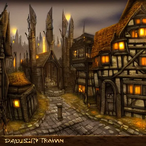 Image similar to medeival fantasy town, slight ruination, night, street blocked by wooden palisade!!, photo, artstation