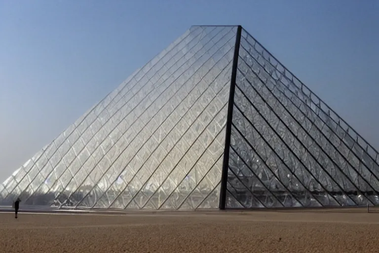Prompt: The glass Louvre Pyramid, built in the Egyptian desert, designed by I.M. Pei.