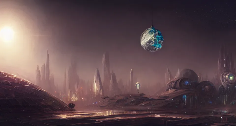 Image similar to cinematic shot, futuristic city on the moon inside a giant geodesic dome, utopian, night, stars, digital painting, artstation, concept art, smooth, sharp focus, illustration, intricate, elegant, highly detailed, in the style of greg rutkowski and alphonse mucha and artemisia, 8 k, highly detailed, jurgens, rutkowski