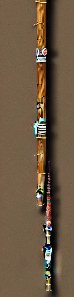 Image similar to single wooden long straight thin ninja fighting staff with oriental ornaments, weapon, highlight, vertical, centred, highly symmetric, sci - fi, fantasy, japan, dnd, close shot, bright uniform background, directional lighting, digital art, hyperrealism, award winning, 8 k