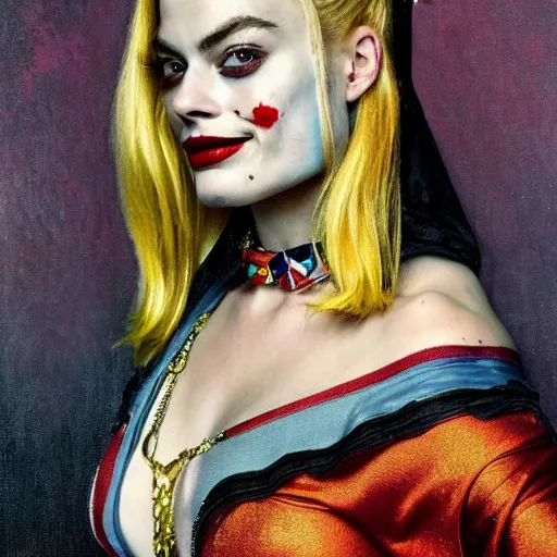 Prompt: A portrait of Margot Robbie, Harley Quinn, The Suicide Squad, oil painting in a renaissance style, very detailed, gold background, painted by Alphonse Mucha