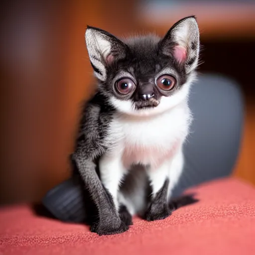 Prompt: a photo of a cute bat kitten, sitting on a chair, photo taken by a nikon, very detailed, 8k