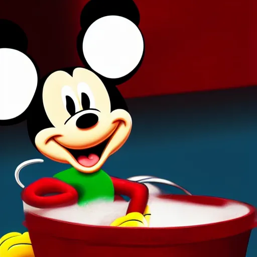 Image similar to close up of mickey mouse in a mouse trap, cinematographic shot, cartoon