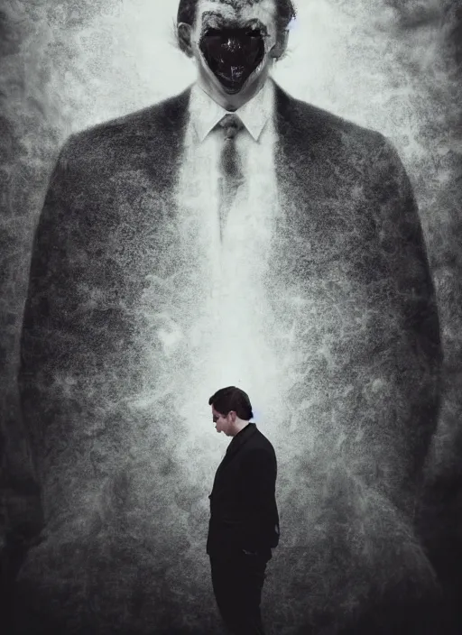 Prompt: dramatic matte portrait painting of man in suit with black mandelbrot fractal instead of face, horror, body horror, dark art, 4 k, detailed, realistic, psychotic, insane, crazy, mental illness, dramatic,