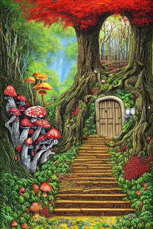 Image similar to digital painting detailed forest tree with door and stairs, magical forest flowers mushrooms painted by Michael Cheval