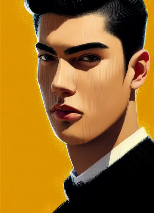 Image similar to portrait of young reggie mantle, mean smirk, egotistical, slicked back hair, striped yellow and black sweater, 1 9 5 0 s, intricate, elegant, glowing lights, highly detailed, digital painting, artstation, concept art, smooth, sharp focus, illustration, art by wlop, mars ravelo and greg rutkowski