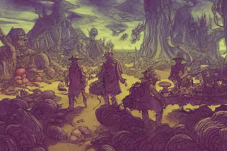 Image similar to merchant stand of portobello mushroomfolk merchant nomads traveling through a psychedelic landscape, in the style of Greg Broadmore and Arthur Rackham and Moebius, trending on artstation, light lighting side view,digital art,surrealism ,macro,blueprint ,vaporwave ,