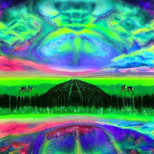 Image similar to green sky psychedelic landscape