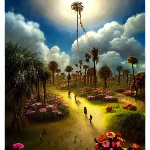 Image similar to a concept painting in the style of esao andrews of a village with beautiful dramatic clouds, dappled lighting, lush landscaping, date palm trees, shrubs and flowers. esao andrews, trending on artstation