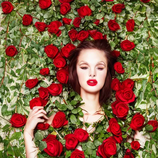 Prompt: full body image of a beautiful woman covered in ivy and red roses, ornate gown standing in a bed of roses, rim light, dynamic lighting, etherial lighting, ultra - detail, concept art, elegant