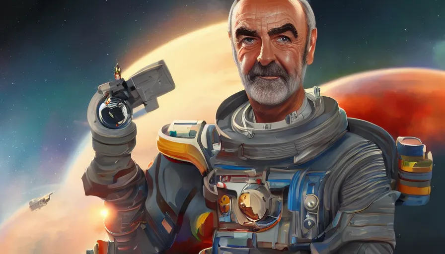 Prompt: Digital painting of Sean Connery as space commander, hyperdetailed, artstation, cgsociety, 8k