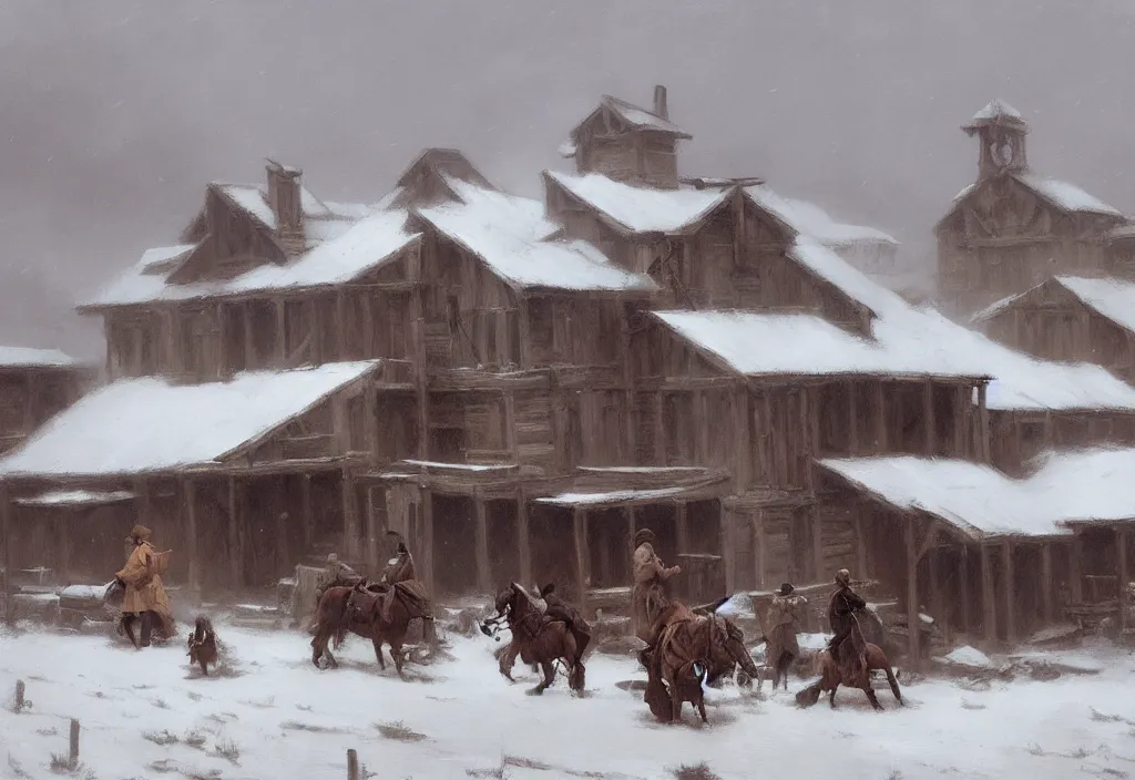 Image similar to greg manchess painting of a wild west abandoned town landscape in winter with no person nor horse in the painting only buildings in the year 1 8 5 0, nobody living there, snow storm, grey sky, painting, trending on artstation, by huang guangjian and gil elvgren and sachin teng
