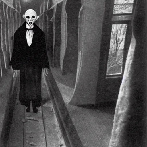 Image similar to nosferatu in his school uniform chasing after the school bus, his arm is outstretched