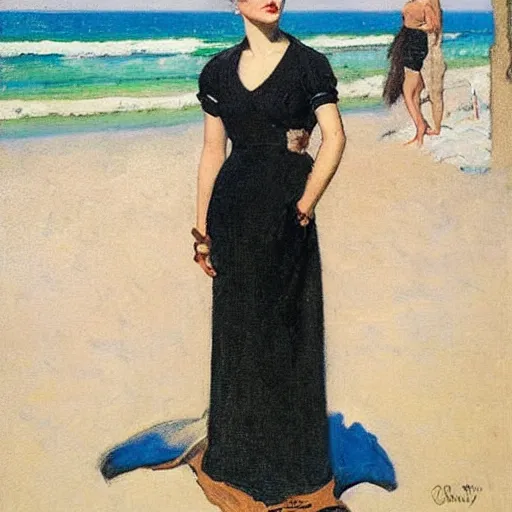 Image similar to woman on the beach, black dress, part leyendecker style, part dean cornwell style