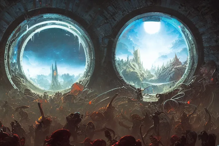 Prompt: a rally of people below a circular portal, by greg rutkowski and frank frazetta and peter mohrbacher and william blake and dan mumford