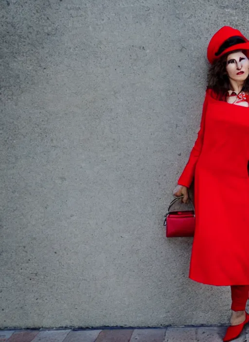 Prompt: color portrait of a beautiful 35-year-old Italian woman, wearing a red outfit, candid street portrait in the style of Mario Testino close up, detailed, award winning, Sony a7R