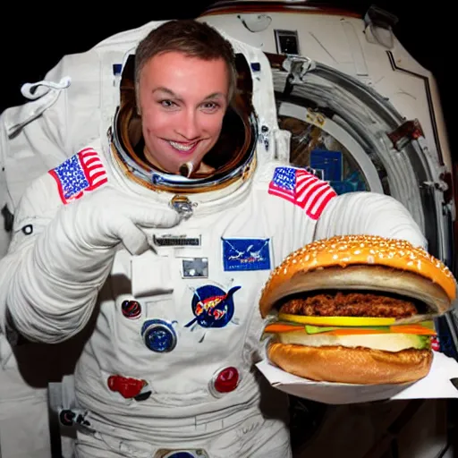 Image similar to an astronaut eating burger at space