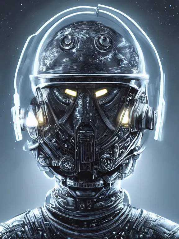 Image similar to portrait art of 8k ultra realistic retro futuristic undead astronaut, helmet visor open, glow around helmet, deep space , detailed intricate ornate armour,blade runner, cybernetic, full of colour, cinematic lighting, trending on artstation, 4k, hyperrealistic, focused, extreme details,unreal engine 5, cinematic, masterpiece, art by ayami kojima, giger