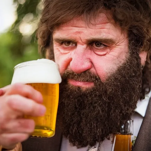 Image similar to caveman drinking beer at a wedding in real life, realistic, hyper realistic, 8 k, 4 k uhd, great detail, detailed, intricate detail