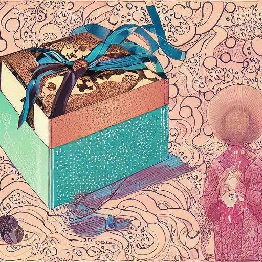 Image similar to feeling of infinite and repition with a box inside gift box which is inside another gift box with another box inside like matriochkas, illustration by victo ngai